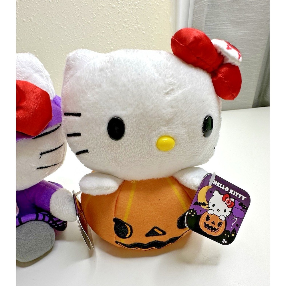 Sanrio Hello Kitty Halloween Witch Jack O Lantern Pumpkin Plush Set 2 Tags - Picture 3 of 11